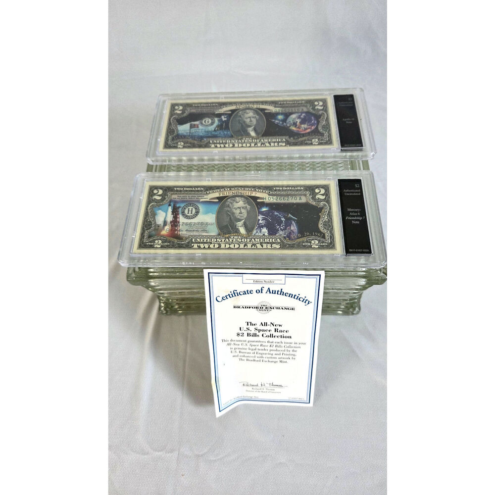 Two, $2 Bills, Uncirculated, Collectors, Space Program. COA